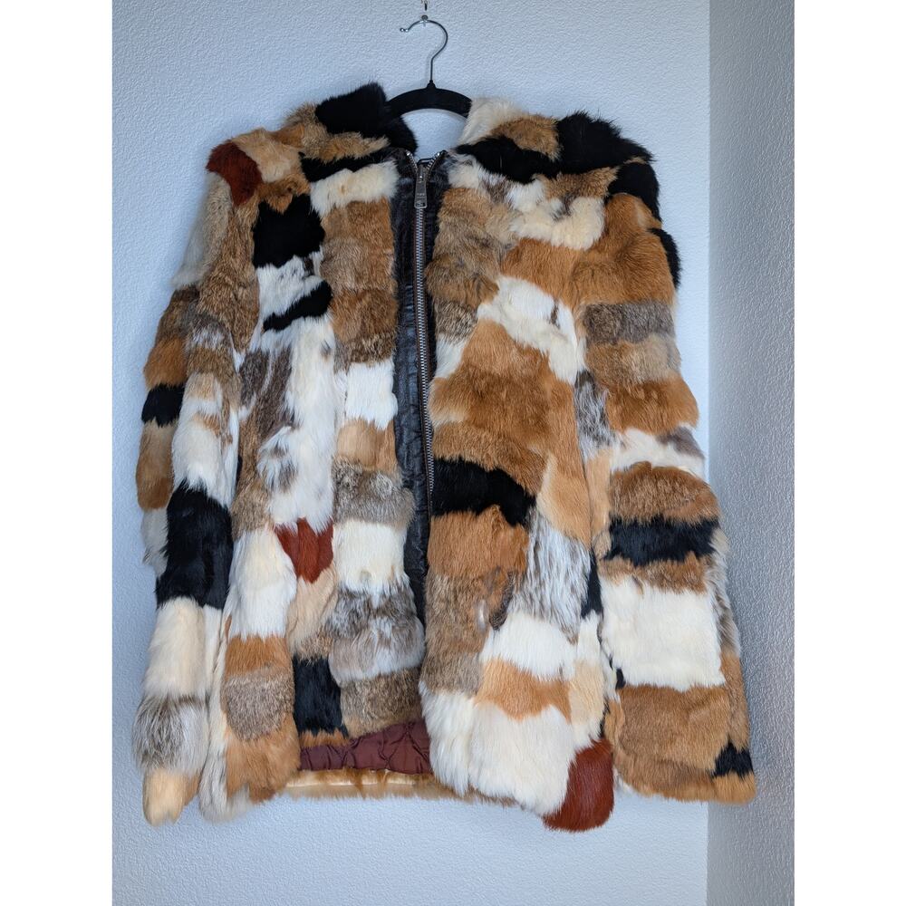 VTG Authentic Rabbit Fur Patchwork Hooded Jacket Leather Zipper M Mob Wife